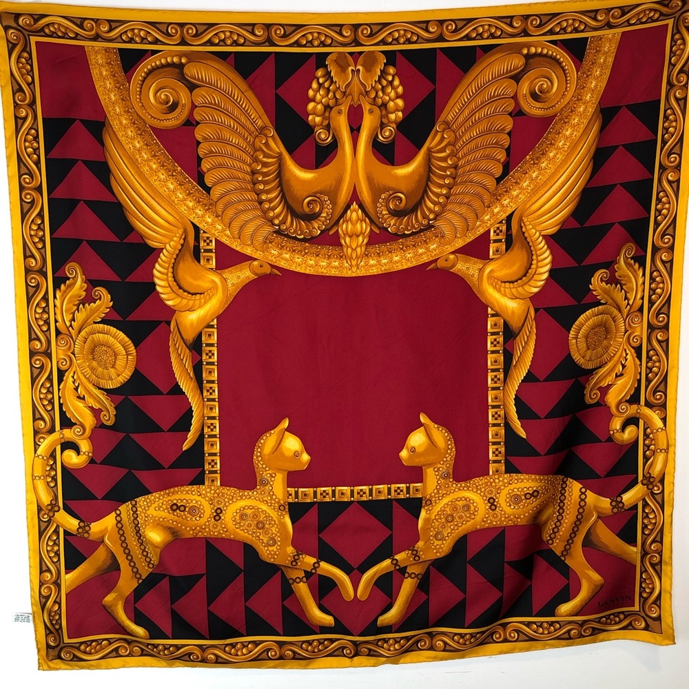 Lanvin Red and Gold Silk Scarf with Ornate Animal Motif